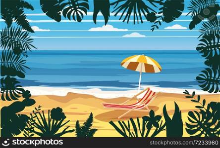 Time to travel ocean sea beach, coast, palm leaves umbrella, beach chair. Summer holidays vacation umbrella beach chair seascape landscape ocean sea beach, coast, palm leaves. Tropical leaves, palm trees, template, vector, banner, poster, illustration, isolated