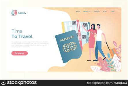Time to travel of man and woman going with bag, passport and fly tickets. Webpage with people going on journey, business trip or vacation, online agency vector. Online Agency, Time to Travel, Passport Vector