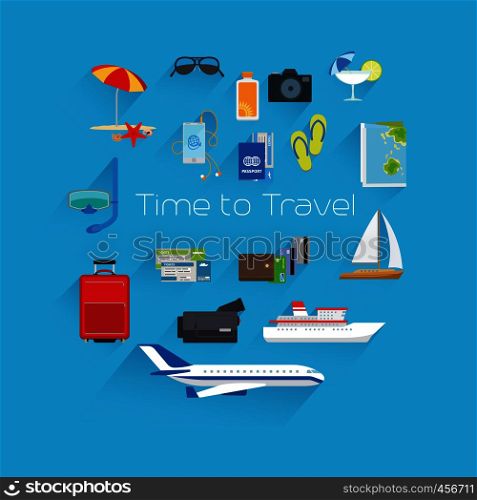 Time to travel poster template on blue background. Vector illustration. Time to travel poster template