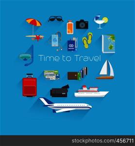 Time to travel poster template on blue background. Vector illustration. Time to travel poster template