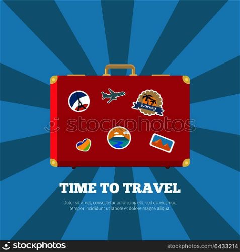 Time to travel, poster with stickers, journey label and suitcase with images of Fance flag, seaside and plane, vector illustration isolated on blue. Time to Travel Journey Poster Vector Illustration