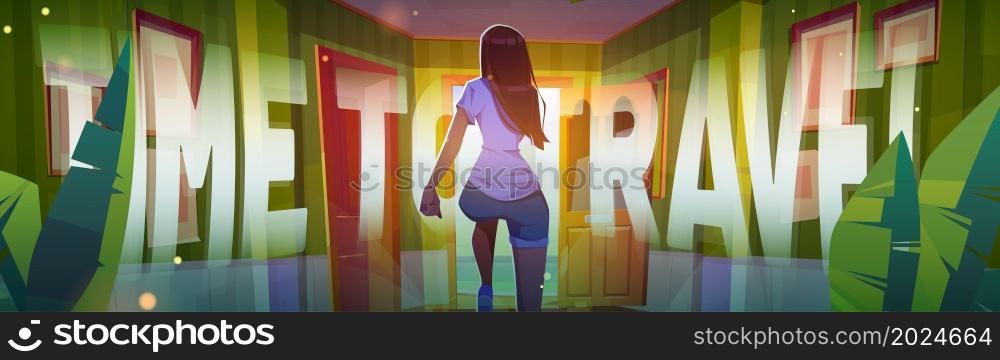 Time to travel poster with woman runs off from home. Vector banner of vacation and journey concept with cartoon illustration of hurry girl running to open door in house corridor. Time to travel poster with woman runs off from home