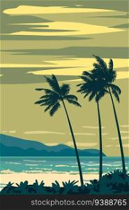 Time To Travel Retro Poster. Tropical resort coast beach, sailboat, palm, surf, ocean. Summer vacation holiday. Vector illustration vintage. Time To Travel Retro Poster. Tropical resort coast beach, sailboat, palm, surf, ocean. Summer vacation holiday