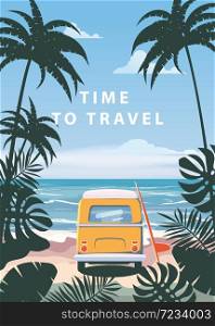 Time to travel Summer holidays vacation seascape landscape ocean sea beach, coast. Bus surfboard, retro, tropical leaves. Time to travel Summer holidays vacation seascape landscape ocean sea beach, coast, palm leaves. Bus surfboard, retro, tropical leaves, palm trees, template, vector, banner, poster, illustration, isolated