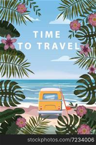 Time to travel Summer holidays vacation seascape landscape ocean sea beach, coast. Bus surfboard, retro, tropical leaves. Time to travel Summer holidays vacation seascape landscape ocean sea beach, coast, palm leaves. Bus surfboard, retro, tropical leaves, palm trees, template, vector, banner, poster, illustration, isolated