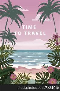 Time to travel Summer holidays vacation seascape landscape ocean sea beach, coast. Retro, tropical leaves. Time to travel Summer holidays vacation seascape landscape ocean sea beach, coast, palm leaves. Retro, tropical leaves, palm trees, template, vector, banner, poster, illustration, isolated