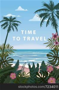 Time to travel Summer holidays vacation seascape landscape seascape ocean sea beach, coast, palm leaves. Time to travel Summer holidays vacation seascape landscape seascape ocean sea beach, coast, palm leaves. Retro, tropical leaves, palm trees, template, vector, banner, poster, illustration, isolated