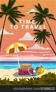Time to travel summer vacation poster with luggage bags, umbrella, ball on the beach. Tropical seachore, palms, sea, ocean. Vector illustration retro cartoon style isolated. Time to travel summer vacation poster with luggage bags