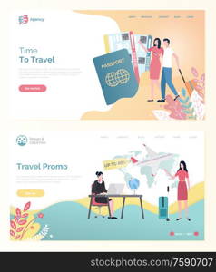 Time to travel, ticket discount online, tourists man and woman with bag, traveler portrait view with passport, traveling by plane, vacation web vector. Traveling by Plane, Ticket and Tourist Web Vector