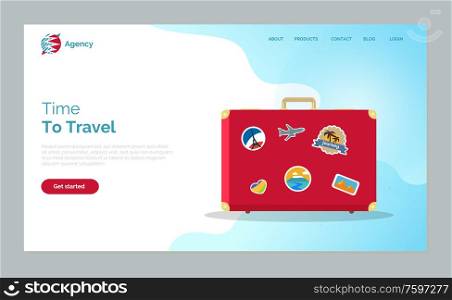 Time to travel vector, bag with countries and touristic landmarks and destinations. Baggage of red color with flags and Egypt ancient pyramids. Website or webpage template, landing page flat style. Time to Travel, Red Baggage with Stickers Website