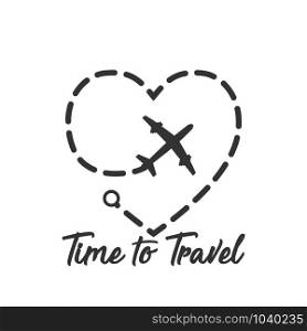 Time to travel vector illustration design vacation journey banner. Summer adventure holiday airplane symbol. Flat black silhouette lettering heart art. Fly tour