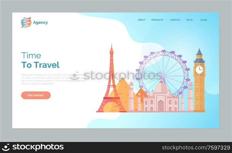 Time to travel vector, London Eye, Eiffel tower in Paris destination in countries from whole world. Cultural heritage of India set Website or webpage template, landing page flat style. Time to Travel Landmarks of World, Paris London