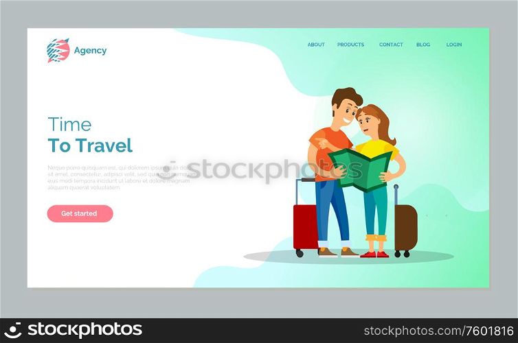Time to travel vector, man and woman looking at atlas and finding their way. Lost people, tourism in summer. couple on vacation with baggage. Website or webpage template, landing page flat style. Time to Travel People Reading Map, Man and Woman