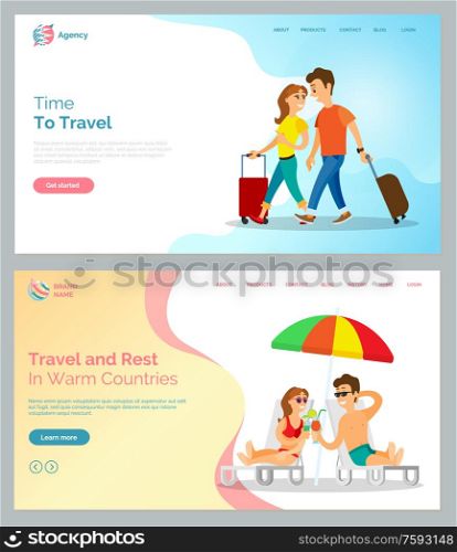 Time to travel vector man and woman walking from airport with bags and baggage. Couple on vacation enjoying cocktails and exotic beverages. Website or webpage template, landing page flat style. Time to Travel People with Baggage Walking Web