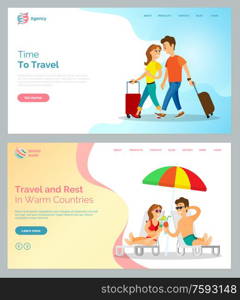 Time to travel vector man and woman walking from airport with bags and baggage. Couple on vacation enjoying cocktails and exotic beverages. Website or webpage template, landing page flat style. Time to Travel People with Baggage Walking Web