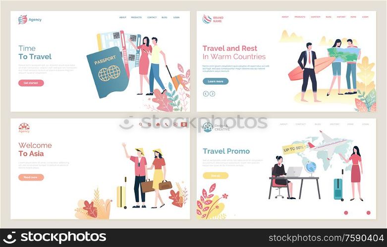 Time to travel vector, people wearing Chinese hats from Asia. Passport and flight tickets, couple with baggage, agency with offer sale on tours. Website or webpage template, landing page flat style. Time to Travel, Welcome to Asia, Websites Set