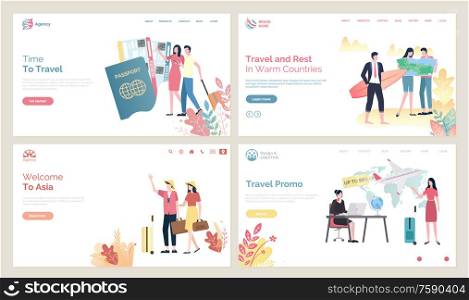 Time to travel vector, people wearing Chinese hats from Asia. Passport and flight tickets, couple with baggage, agency with offer sale on tours. Website or webpage template, landing page flat style. Time to Travel, Welcome to Asia, Websites Set