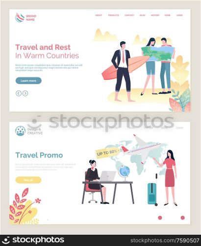 Time to travel vector, touristic agency woman looking at laptop search tour for client,. Businessman holding surfing board, man and lady with map. Website or webpage template, landing page flat style. Time to Travel, Man with Surfing Board, Agency