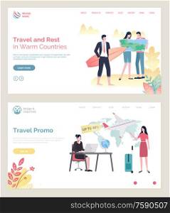 Time to travel vector, touristic agency woman looking at laptop search tour for client,. Businessman holding surfing board, man and lady with map. Website or webpage template, landing page flat style. Time to Travel, Man with Surfing Board, Agency