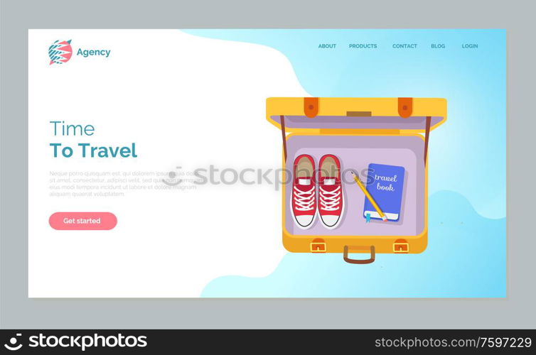 Time to travel vector, yellow open valise, personal belongings of traveler. Shoes and book of tourist, valise with stuff, shoes and book with pen. Website or webpage template, landing page flat style. Time to Travel, Packed Baggage, Bag with Shoes