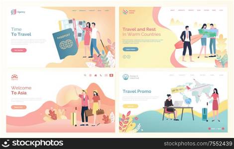 Time to travel websites with people and destinations vector. Man and woman with tickets, traveling to Asia, and warm countries, surfer with board set in flat style. Time to Travel Websites with People Destinations