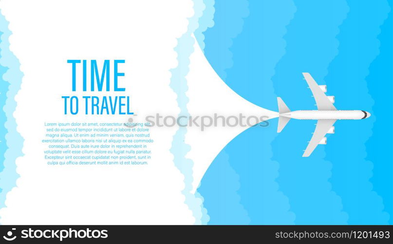 Time to travel. White airplane on a blue background in profile, banner, isolated. White airplane on a blue background in profile, banner, isolated. Vector stock illustration.. Time to travel. White airplane on a blue background in profile, banner, isolated. White airplane on a blue background in profile, banner, isolated.