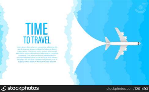 Time to travel. White airplane on a blue background in profile, banner, isolated. White airplane on a blue background in profile, banner, isolated. Vector stock illustration.. Time to travel. White airplane on a blue background in profile, banner, isolated. White airplane on a blue background in profile, banner, isolated.