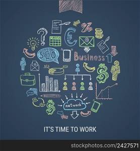 Time to work hand drawn colorful business icons in round shape on dark background isolated vector illustration. Time To Work Hand Drawn Icons