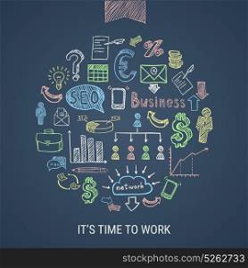 Time To Work Hand Drawn Icons . Time to work hand drawn colorful business icons in round shape on dark background isolated vector illustration