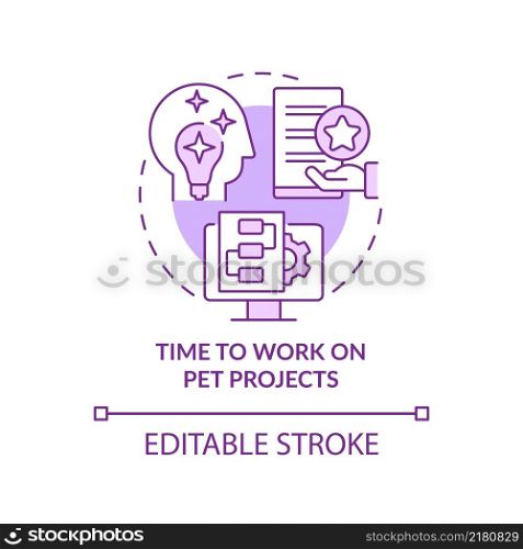 Time to work on pet projects purple concept icon. Promoting creativity abstract idea thin line illustration. Isolated outline drawing. Editable stroke. Arial, Myriad Pro-Bold fonts used. Time to work on pet projects purple concept icon