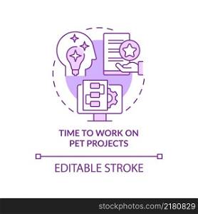 Time to work on pet projects purple concept icon. Promoting creativity abstract idea thin line illustration. Isolated outline drawing. Editable stroke. Arial, Myriad Pro-Bold fonts used. Time to work on pet projects purple concept icon