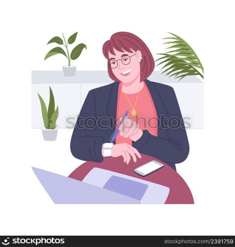 Time tracking isolated cartoon vector illustrations. Girl working and tracking time using special app on smart watch, remote work, distance job, freelancers life, digital nomad vector cartoon.. Time tracking isolated cartoon vector illustrations.