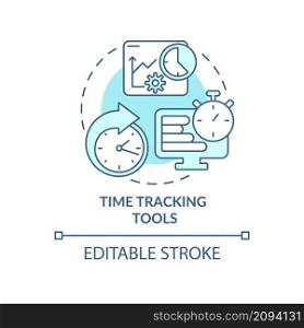 Time tracking tools turquoise concept icon. Reporting of employee work abstract idea thin line illustration. Isolated outline drawing. Editable stroke. Roboto-Medium, Myriad Pro-Bold fonts used. Time tracking tools turquoise concept icon