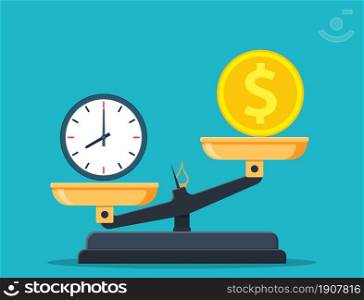 Time vs money on scales, disbalance. Time is money concept. Vector illustration in flat style.. Time vs money on scales