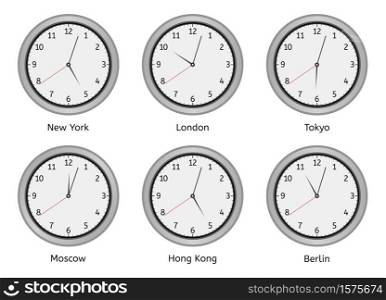 Time zone clocks. Modern wall round clock face, time zones day and night clock, world big cities time difference vector illustration set. Clock wall zone, hotel time berlin, hong kong and moscow. Time zone clocks. Modern wall round clock face, time zones day and night clock, world big cities time difference vector illustration set