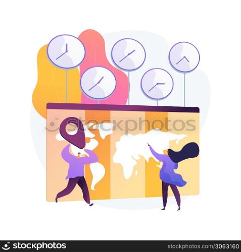Time zones abstract concept vector illustration. Time standard, international business coordination, meeting management, utc converter, gmt, world clock calculator, jet lag abstract metaphor.. Time zones abstract concept vector illustration.