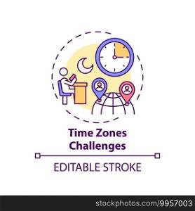 Time zones challenges concept icon. Online english teaching challenges. Get on with new place of living idea thin line illustration. Vector isolated outline RGB color drawing. Editable stroke. Time zones challenges concept icon