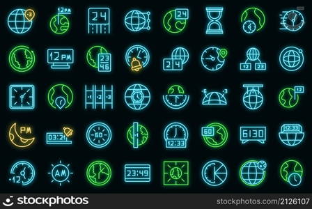 Time zones icons set outline vector. Clock hour. Calendar earth. Time zones icons set vector neon