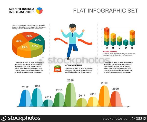 Timeline and pie chart template for presentation. Business data visualization. Development, progress, analysis, management or marketing creative concept for infographic, project layout.