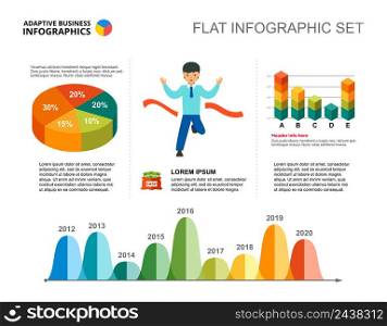 Timeline and pie chart template for presentation. Business data visualization. Development, progress, analysis, management or marketing creative concept for infographic, project layout.