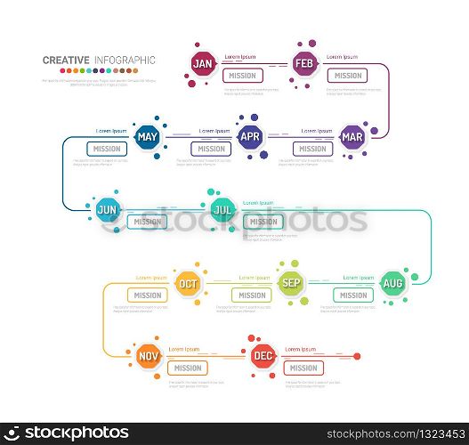 Timeline business for 12 months, 1 year, Timeline infographics design vector and Presentation business can be used for Business concept with 12 options, steps or processes.