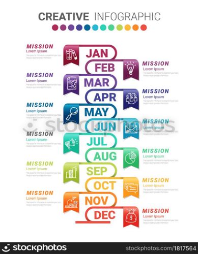 Timeline business for 12 months, 1 year, Timeline infographics design vector and Presentation business can be used for Business concept with 12 options, steps or processes.