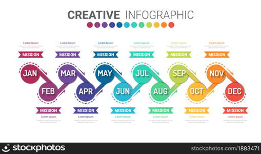 Timeline business for 12 months, 1 year, Timeline infographics design vector and Presentation business can be used for Business concept with 12 options, steps or processes.