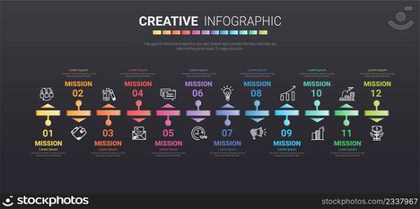 Timeline business for 12 months, Infographics element design and Presentation can be used for Business concept with 12 options, steps or processes.