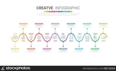 Timeline business for 12 months, Infographics element design and Presentation can be used for Business concept with 12 options, steps or processes. 