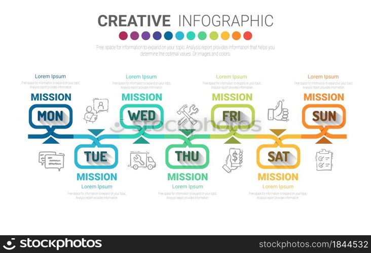 Timeline business for 7 day, 7 options, Timeline infographics design vector and Presentation business can be used for Business concept with 7steps or processes.