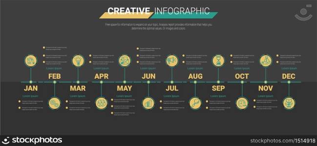 Timeline for 1 year, 12 months, infographics all month planner design and Presentation business can be used for Business concept with 12 options, steps or processes.