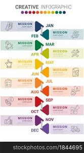 Timeline for 1 year, 12 months, infographics all month planner design and Presentation business can be used for Business concept with 12 options, steps or processes.