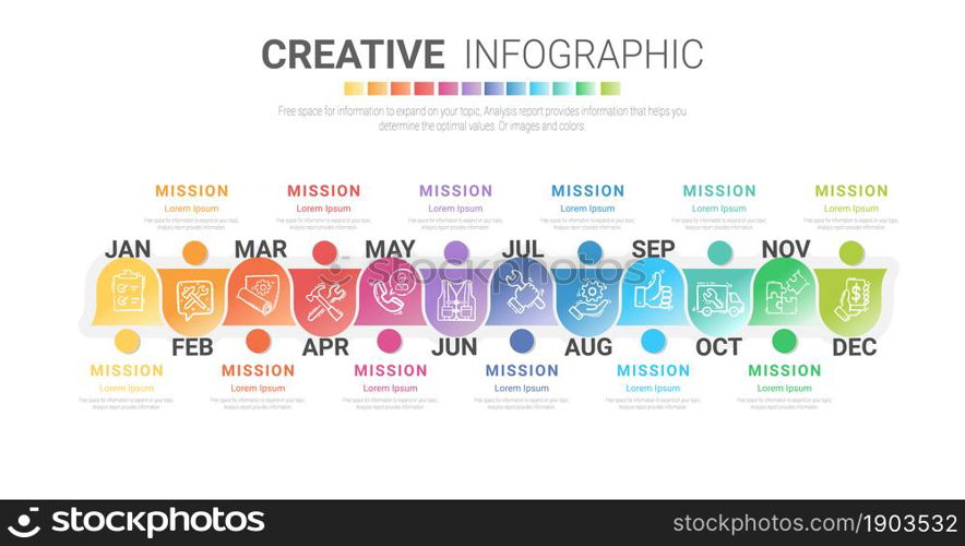 Timeline for 1 year, 12 months, infographics all month planner design and Presentation business can be used for Business concept with 12 options, steps or processes.