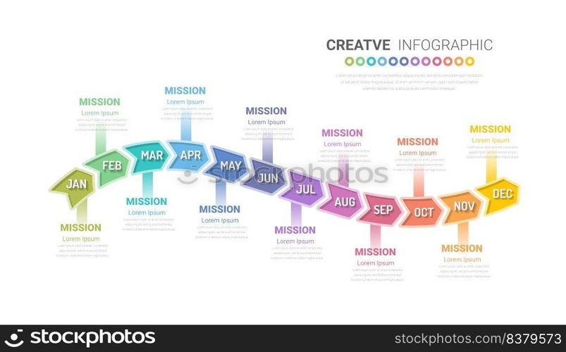 Timeline for 1 year, 12 months, infographics all month planner design and Presentation business can be used for Business concept with 12 options, steps or processes. 